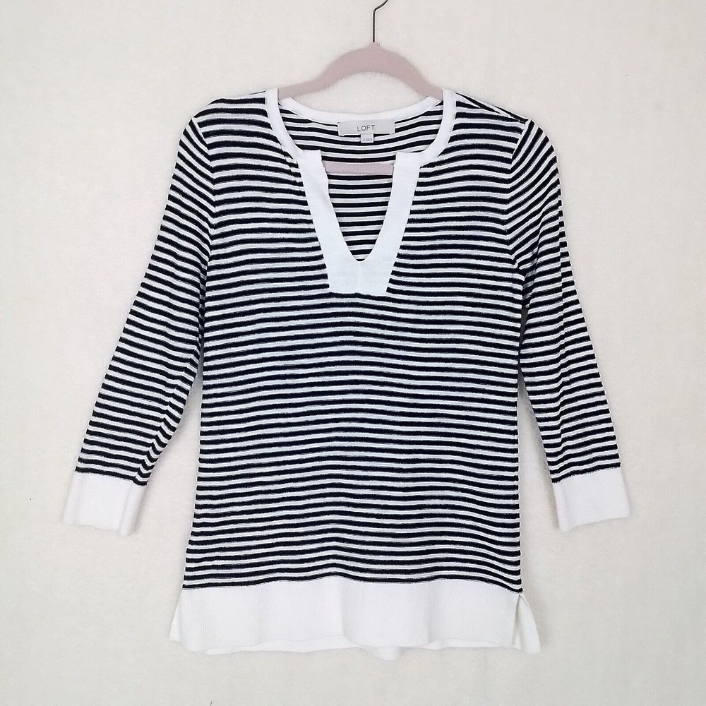 LOFT Womens Cotton Blend Knit Top Sweater‎ Size XS Black White Stripe